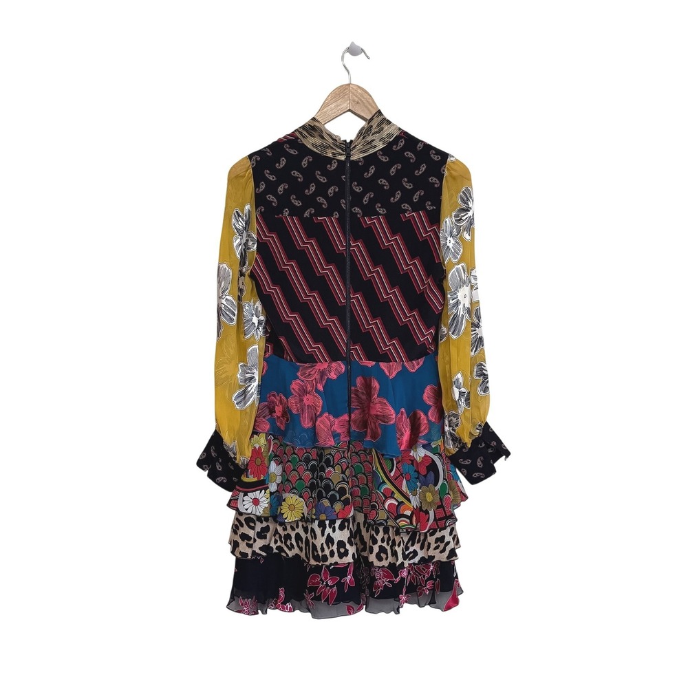 Alice + Olivia Dasha 100% Silk Patchwork Tiered Ruffle Mini Dress Size 4 Floral - Picture 5 of 15